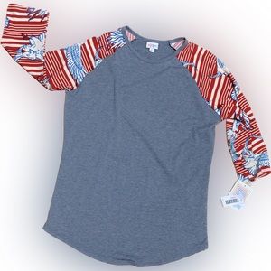 LuLaRoe Randy Raglan Baseball Tee Gray with Eagle Sleeves Large NWT